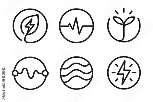 Bioelectric Flow Icons. Line style round vector icons of Bioelectric Flow: electric leaf, heartbeat line, glowing stem, wave
