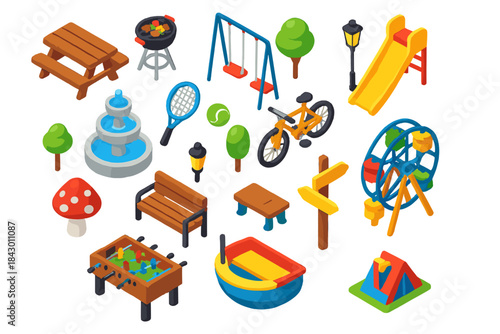 Outdoor activities isometric icon set. featuring bench, slide, swing, bicycle, fountain, and barbecue symbols