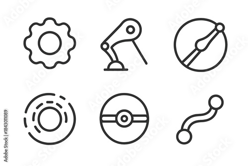 Mechanical Grace Icons. Line style round vector icons of Mechanical Grace: soft cog, moving arm, elegant lever, rhythmic motion,