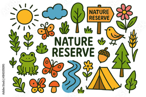 Nature reserve flat icon set. featuring sun, cloud, butterfly, frog, bird, tree, and tent symbols
