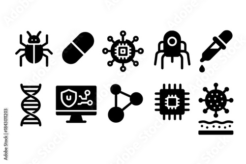 Cybersecurity silhouette icon set. featuring bug, capsule, virus, spider, dropper, dna, computer, network, microchip, bacteria symbols