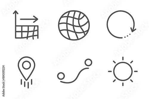 Temporal Mapping Icons. Line style round vector icons of Temporal Mapping: shifting coordinates, bending grid, fading direction,