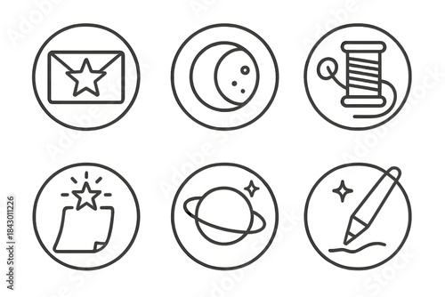 Celestial Vector Icons. Line style round vector icons of Celestial Communication: star mail, moon seal, cosmic thread, glowing