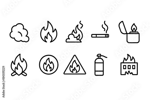 Fire safety silhouette icon set. featuring smoke, flame, fire extinguisher, warning, and burning log symbols
