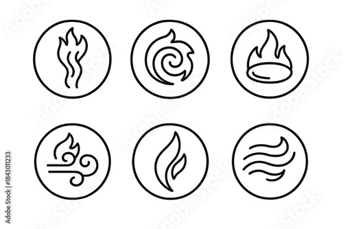 Fiery Flow Icons. Line style round vector icons of Fiery Flow: molten strand, blazing spiral, hot ring, glowing wind, curved flare