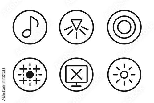End of Signal Icons. Line style round vector icons of End of Signal: final tone, dark beam, flicker ring, fading field, closed