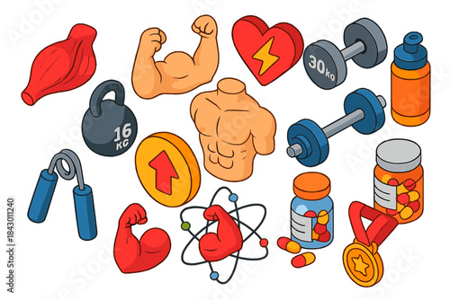 Fitness silhouette icons set. featuring muscle, dumbbell, heart, kettlebell, protein, and medal symbols