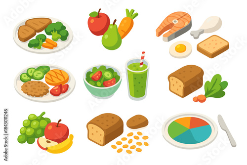 Healthy food flat icon set. featuring meat, vegetables, fruits, salad, bread, fish, eggs, and juice icons