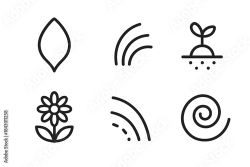 Radiant Growth Icons. Line style round vector icons of Industrial Awakening: awakening gear, rising spark, molten metal, glowing