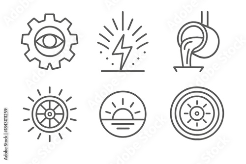Industrial Awakening Icons. Line style round vector icons of Digital Fossils: encoded bone, layered fragment, frozen signal,