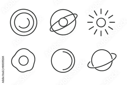Orbital Writing Icons. Line style round vector icons of Orbital Writing: circular phrase, floating ring, radiant stroke, drifting