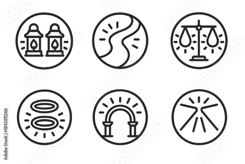 Dual Glow Icons. Line style round vector icons of Dual Glow: paired lanterns, luminous path, balanced light, twin halos, glowing