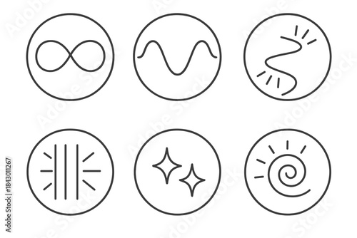 Luminous Balance Icons. Line style round vector icons of Luminous Balance: glowing loop, harmonic curve, radiant path, parallel