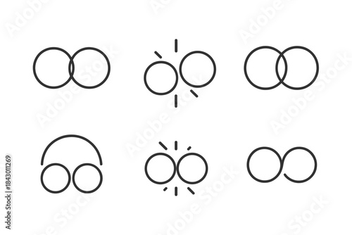 Radiant Pairs Icons. Line style round vector icons of Radiant Pairs: twin circles, glowing connection, balanced flare, soft