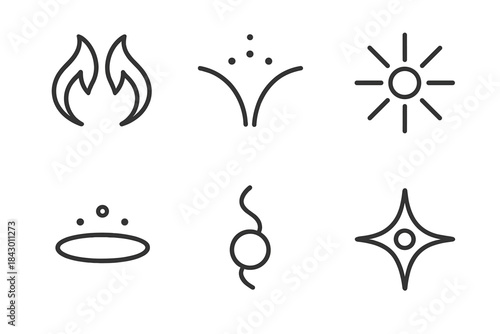 Symmetric Illumination Icons. Line style round vector icons of Symmetric Illumination: mirrored flame, curved glow, radiant