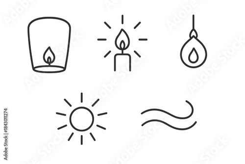 Floating Light Icons. Line style round vector icons of Floating Lights: airy lantern, drifting glow, suspended flame, radiant orb,