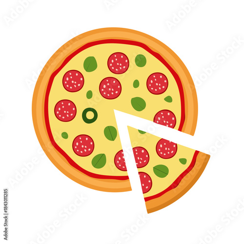 Delicious round pizza with pepperoni, cheese and basil, with one slice, on a white background, tasty food
