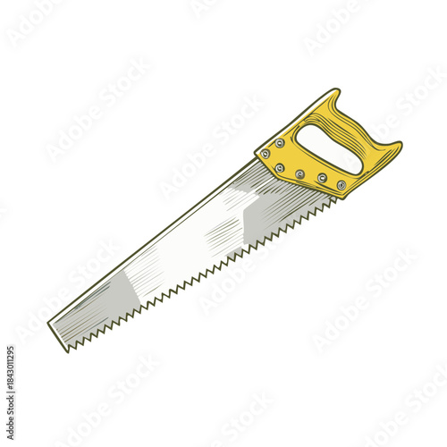Hand Saw Illustration: Carpentry Tool with Wooden Handle and Sharpened Blade for Woodworking and Construction