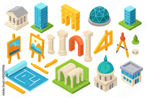 Architecture flat icon set. featuring buildings, monuments, columns, compass, blueprint, and easel