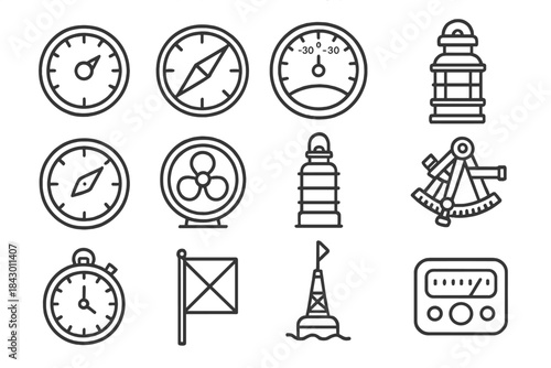 Marine Instruments Icons. Line style icons of marine instruments: depth gauge, ship compass, rudder angle indicator, engine