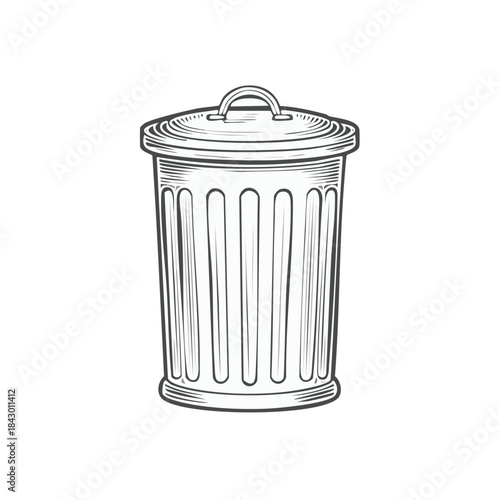 Trash Can Illustration with Lid Closed Bin Rubbish Receptacle Black and White Vector Sketch