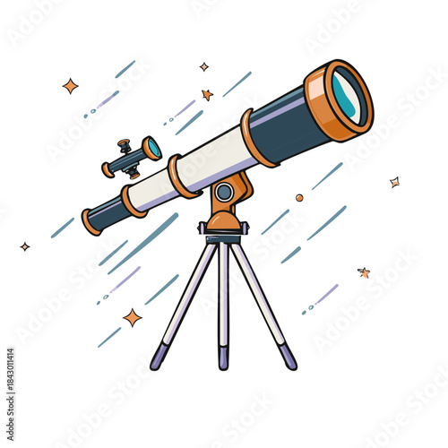 Illustration of a telescope with a tripod and falling stars, equipment for space observation, astronomy, hobby