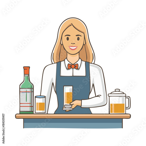 Smiling Bartender Preparing Drinks at a Bar Cute Illustration. Barista Making Alcoholic Beverages. Drinks on Counter