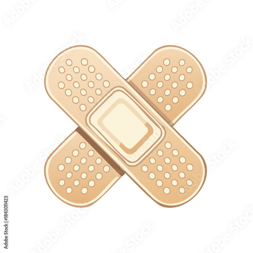 Two adhesive bandages crossed over each other, isolated, for wounds and minor injuries, depicting safety and healthcare products