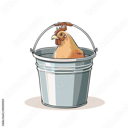 Chicken sits in metal bucket, funny pet cartoon illustration, farm animal transportation, humor isolated image, domestic fowl