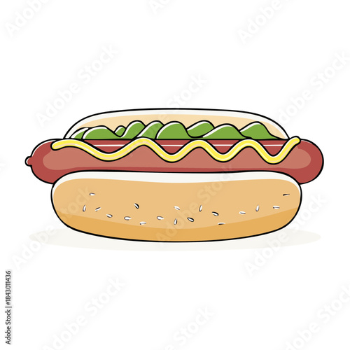 Hot Dog Cartoon Style Illustration with Mustard and Relish Toppings on a Bun