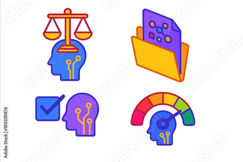 Ethical AI Icons. Isometric vector illustration set Ethical AI Art Concepts: Copyright scale icon, dataset transparency folder,