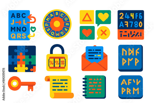 Secret Code Icons. Flat vector icons of Secret Codes: substitution cipher, Caesar shift wheel, coded symbols, hidden numbers,