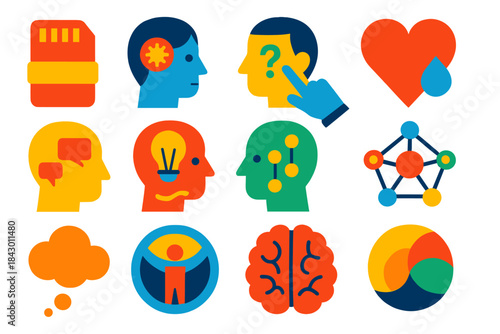 Cognitive Process Icons. Flat vector icons of cognitive processes affected by culture: memory, attention, decision making, emotion