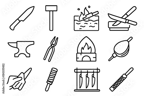 Edge Craft Icons. Line style icons of Edge Craft: Forged Steel, Hammer, Oil Quench, Whetstone; Anvil, Tongs, Forge, Bellows; Blade