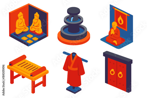 Isometric Meditation Icons. Isometric vector illustration set History of silence: meditation halls, stone fountains, chanting
