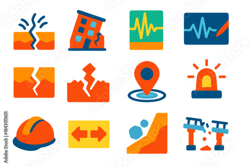 Earthquake Icon Set. Flat vector icons of earthquakes: shaking ground, broken building, Richter scale, seismograph needle, fault