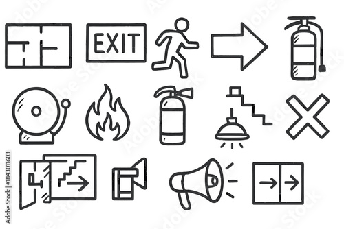 Emergency and safety linear icon set. featuring exit, fire, extinguisher, alarm, and evacuation symbols