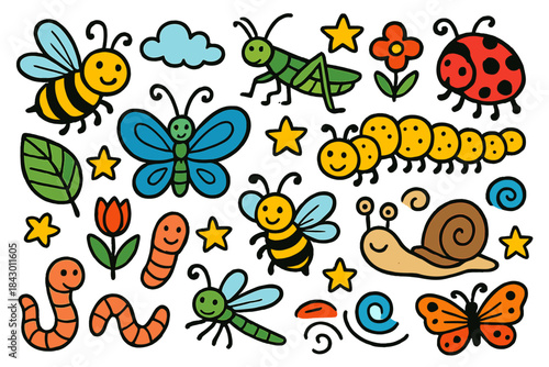 Nature linear icon set. featuring bee, butterfly, grasshopper, ladybug, snail, caterpillar, and worm icons.