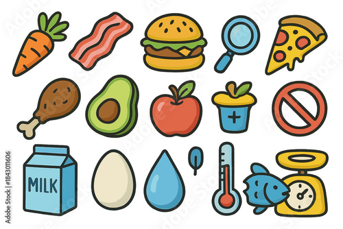Food and drink flat icons set. featuring carrot, bacon, burger, magnifying glass, pizza, drumstick, avocado, apple