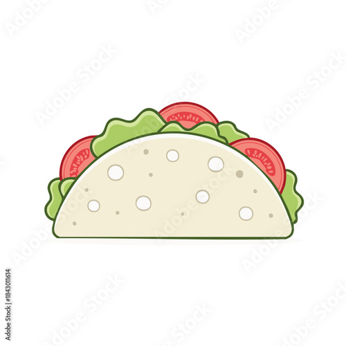 Delicious taco with tomatoes and lettuce in flat vector illustration