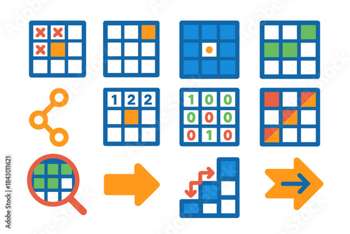 Grid-Based Deduction Icons. Expansive shot of a rolling green countryside under a clear blue sky, vector illustration serene and