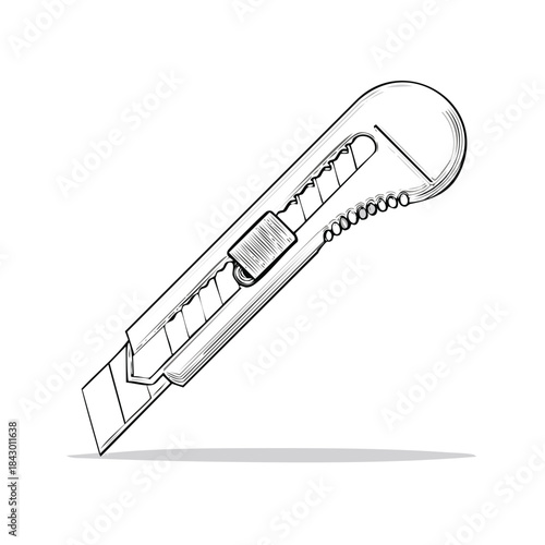 Box cutter sketch showing a utility blade sliding knife used for cutting through various materials and crafts for precise cutting