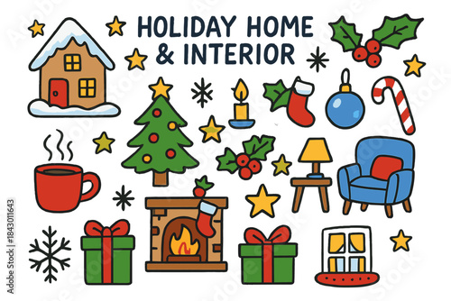Christmas holiday flat icon set. featuring gifts, tree, fireplace, candle, decorations, stocking, and mug