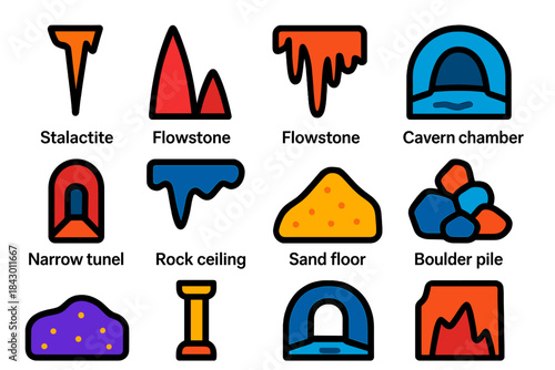 Submerged Cave Icons. Flat vector icons of Submerged Cave Features: stalactite, stalagmite, flowstone, cavern chamber, narrow