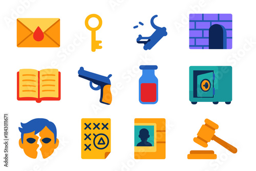 Mystery Clue Icons. Flat vector icons of Mystery Resolution: confession letter, found key, broken lock, exposed passage, uncovered