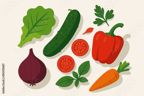 Minimalist Vegetable Flat-Lay. Minimalist flat-lay of fresh vegetables and herbs arranged on a clean white background, illuminated