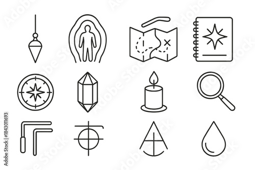 Alternative Divination Icons. Line style icons of Alternative Divination: Pendulum, Energy Detection, Map Dowsing, Unconventional