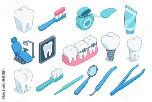 Dental care flat icon set. featuring tooth, toothbrush, floss, toothpaste, dental chair, x-ray, braces, implant tools