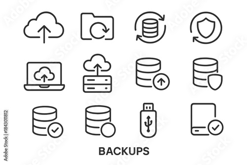 Data backup linear icon set. featuring cloud storage, server, usb, upload, security, and database symbols