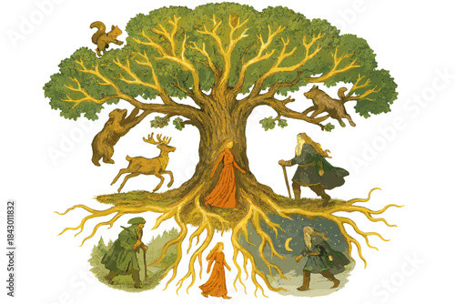 Yggdrasil's Vibrant Life. Yggdrasil tree with glowing roots and branches, animals climbing joyfully, and gods walking among the